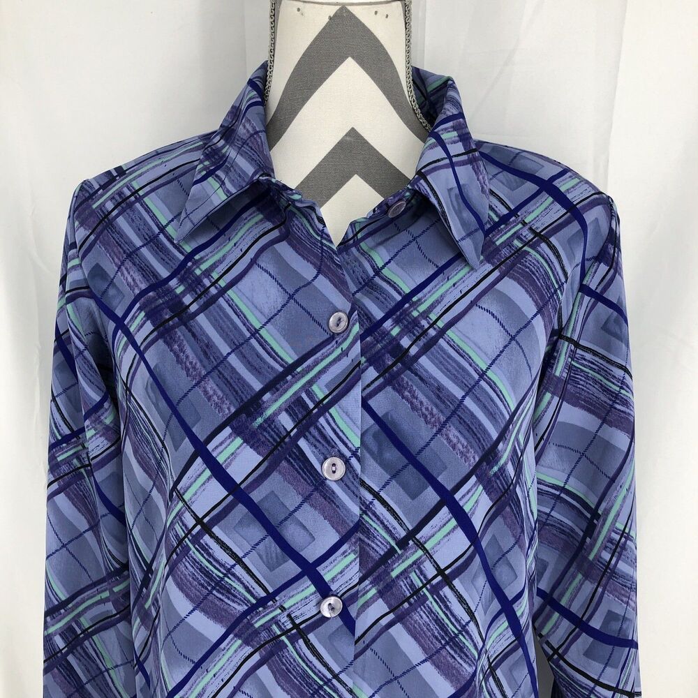 Susan Graver Style Button Up Shirt Top Purple Plaid Blouse Shoulder Pads Small